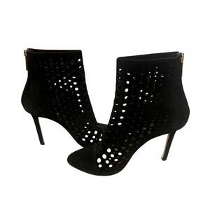 Tamara Mellon 7.5 Laser Cut $895 Italian Suede Ankle Boots Polka Dot Black